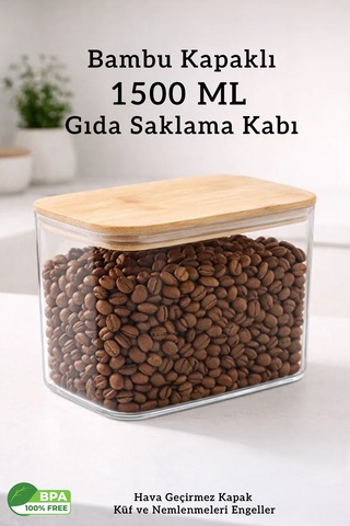 Bambu Kapaklı Dikdörtgen Hava Geçirmez Çok Amaçlı Gıda Erzak Bakliyat Saklama Kabı - 1500 Ml Şeffaf