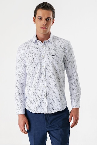 İmza Beyaz Uzun Kollu Baskılı Bez Ayağı Düğmeli Yaka Cepsiz Pamuklu Slim Fit Gömlek 1004235170 Duman Beyaz