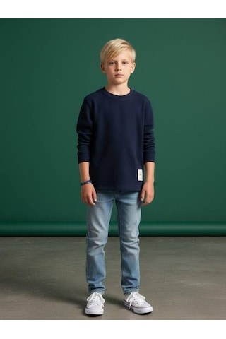 Zekids Erkek Çocuk Pamuklu Dokulu Kumaş İnce Uzun Kollu Sweatshirt-16630 Lacivert