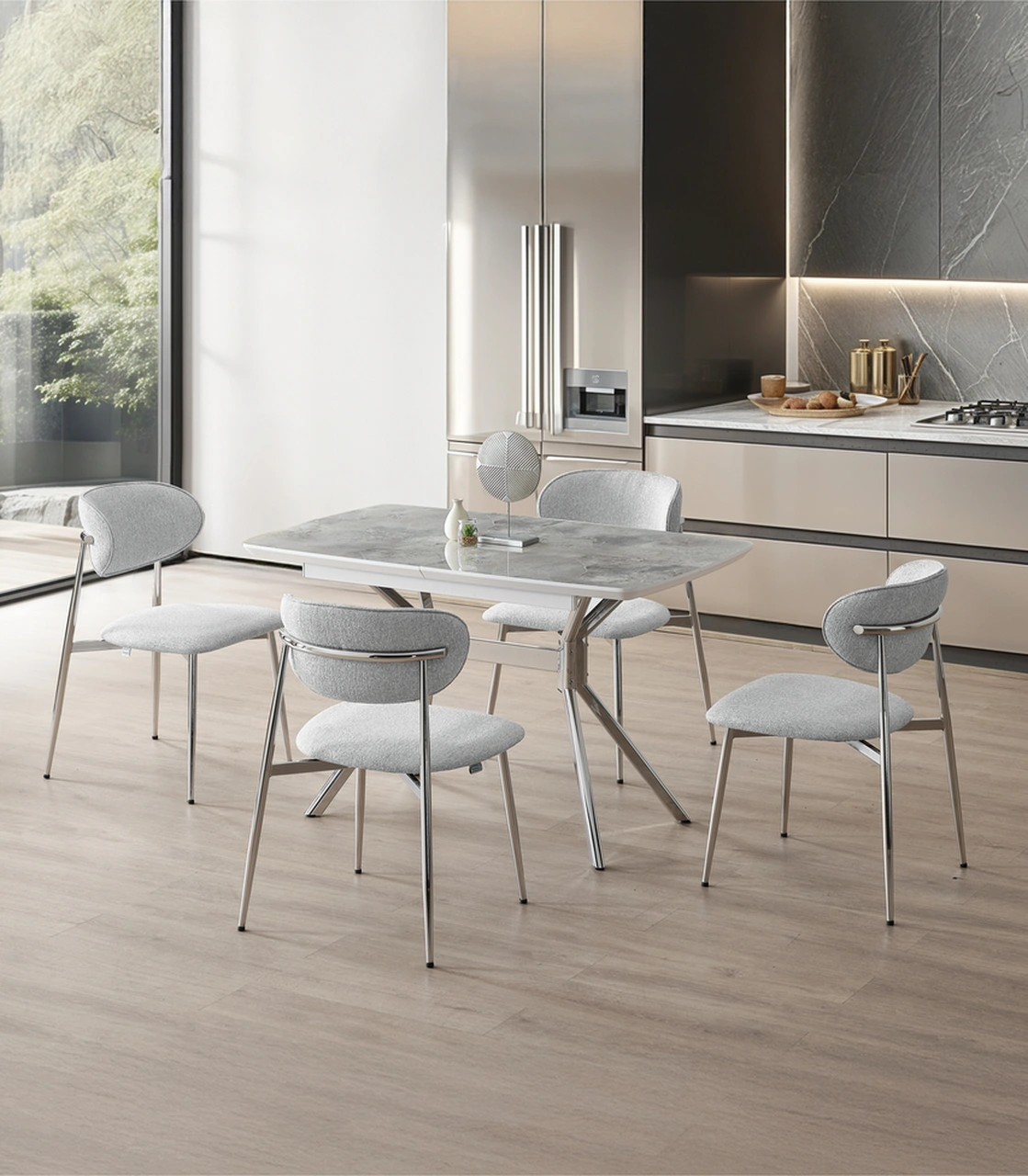 Dengema Duman Açılır Masa Takımı Gri Mermer - Krom Metal Ayak 80 130 160 Cm, 4 Sandalyeli Gri Mermer - Krom Ayak