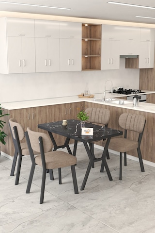 Gnr 70x110cm Sabit Siyah Mutfak Masası Takımı, Yemek Masası, 4 Modern Cappucino Sandalye Cappuccino