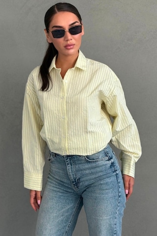 Madmext Sarı Çizgili Oversize Kadın Gömlek Mg2732
