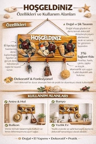 Deniz Kabuklu Ve Kaplumbağa Figürlü Ahşap Duvar Anahtarlığı, Hoşgeldiniz Yazılı Dekoratif Askılık, Giriş Holü Kapı Süsü Ev Dekoru. Acı Kahverengi