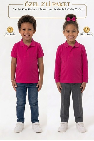 Nacar Store Unisex Çocuk Uzun Ve Kısa Kollu Polo Yaka Okul Tişörtü 2'li Set Fuşya
