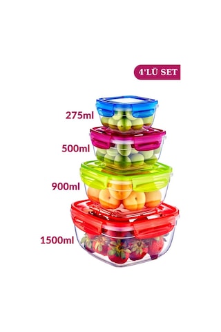 Flosoft Kilitli Kapaklı Kare Erzak Saklama Kabı 4’Lü Set 275 Ml500 Ml900 Ml1500 Ml Çok Renkli