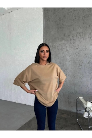 Wear Vexel Kadın Düz T-shirt Kısa Kol Bisiklet Yaka Oversize Rahat Kalıp Günlük Tişört - Bej Bej