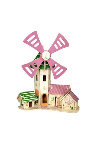 3D Puzzle Maket 54 Parça Ahşap Pembe Yel Değirmeni