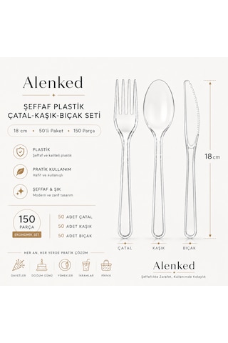 Plastik Şeffaf 18cm Kaşık Çatal Bıçak Seti 50'li - 150 Parça