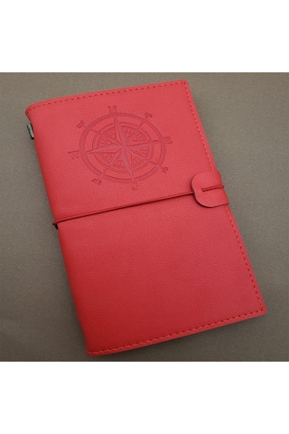 Pusula Tasarımlı Kırmızı Deri Defter Çok Renkli
