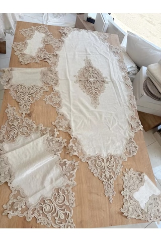 Northcity Salon Takımı Çeyizlik Krem Runner Set 5 Parça Kadife Masa Örtüsü Runneri Eva Açık Krem