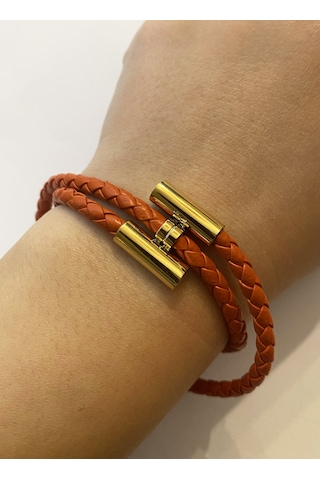 Unisex Turuncu Renk Sarmal Deri Bileklik 19 Cm Turuncu