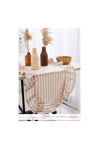 Bej Çizgili 40x125 Şık Tasarım Ekstra Büyük Fırfırlı Runner, %100 Keten Runner Bej