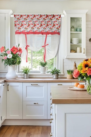 Naturel Potlu Tül Perde Spring Fırfırlı Çiçek Kırmızı