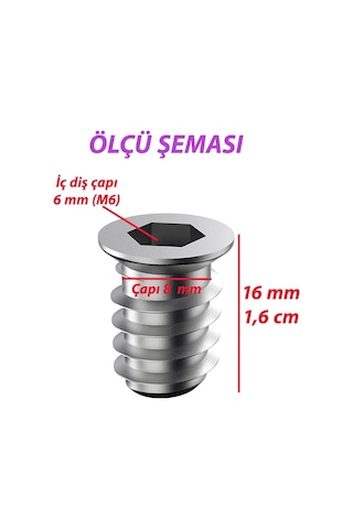 Metal Düz Dişli Dübel Ahşap Dübeli M6 8x16 Diş Çinko Mobilya Bağlantı Ünite Birleştirme 25 Adet