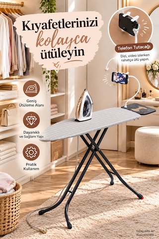 Perilla Alsu Lüx Ütü Masası – Isıya Dayanıklı Kumaş, Buhar Geçirici Geniş Perfore Tablalı Standart Ütü Masası 38*120 cm