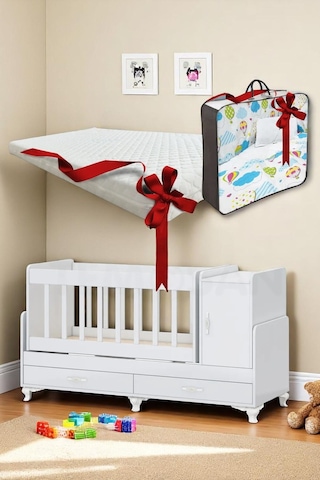 Anne Yanı, Sallanır, Büyüyen Bebek Beşiği, Yataklı, Mavi Uyku Setli, Çekmeceli, Kapaklı 60 X 120 Mavi
