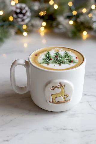 Rivaistanbul Geyik Amore 24 K Altın Süslemeli El Yapımı Yılbaşı Hediyesi Seramik Double Kahve Fincanı, Mug, Kupa Beyaz