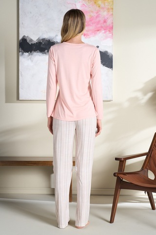 Kadın Büyük Beden Penye Uzun Kol Pijama Takımı 3195 Pudra Pudra