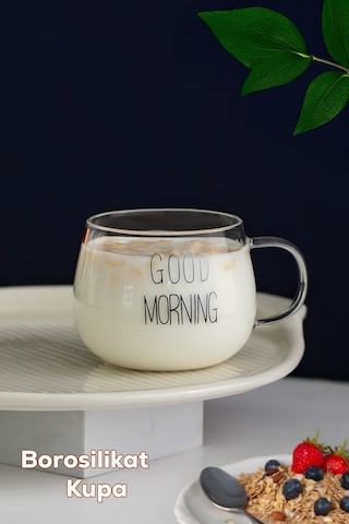 Porsima 2088 Borosilikat Isıya Ateşe Dayanıklı Cam Kulplu Çay Bardağı Kahve Bardak Kupa Şeffaf 400 Ml Şeffaf