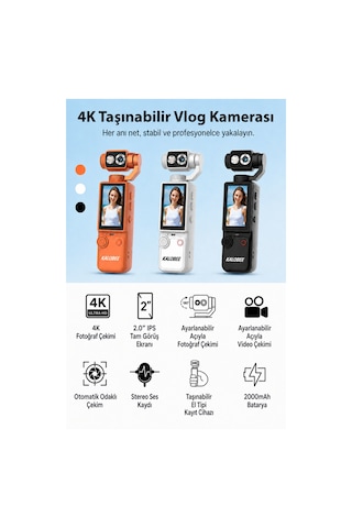 Kalobee Pocket3 Pro 4k Ultra Hd El Tipi Kamera 180 Döner Başlıklı Otofokus Vlog Kamerası Dokunmatik Ekranlı Cep Kamerası