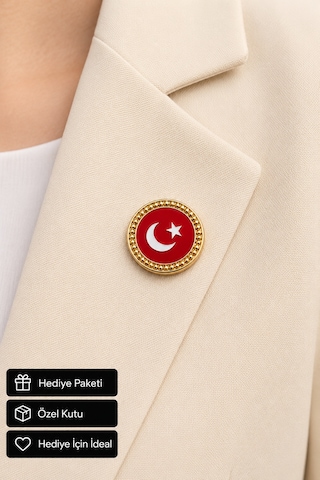 Türk Bayrağı Motifli Gold Kadın Broşu Zarif Hilal Yıldız Tasarımlı Yaka Broşu Açık Gri