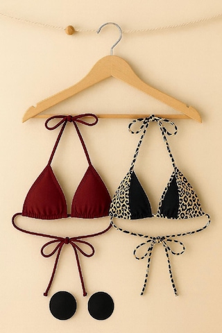 Angbutik Kadın Leopar Desenli Ve Bordo Minimal Kesim Üçgen Bikini Üstü