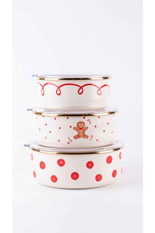 Merry Yılbaşı Özel Emaye Üçlü Saklama Kabı Seti Krem