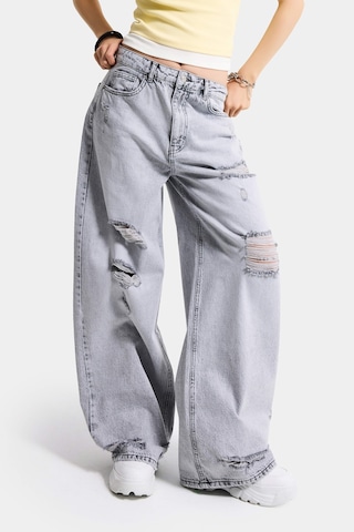 it's basic Kadın Gri 12s6-12 Süper Baggy Fit Yırtık Ve Nakış Detaylı Özel Tasarım Denim Jean