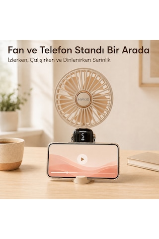 Mkio Şarjlı El Vantilatörü 5 Kademeli, Katlanabilir Dijital Ekranlı Mini El Fanı, 1200 Mah, 5 Pervaneli Güçlü Hava Akışı, Standlı Masaüstü Fan, Usb Şarjlı - Krem Renk