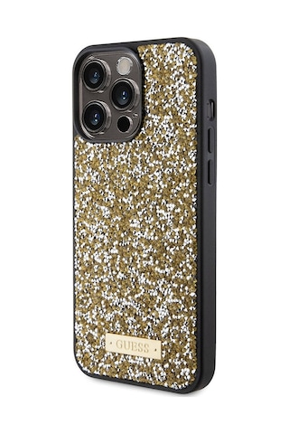 Apple Uyumlu iPhone 15 Pro Max Kılıf Guess Lisanslı Taşlı Arka Yüzey Metal Yazı Logolu Kapak Siyah