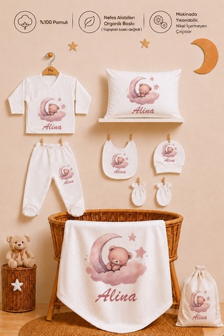 Pia Baby Kız Bebek Hastane Çıkışı 12 Parça %100 Pamuk İsme Özel Organik Baskılı Kese Hediyeli 100811k3x Ekru