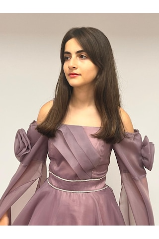 Kız Çocuk Abiye Lila Uzun Askılı Kolları Çıkabilen Pelerinli Şifon Abiye Elbise 10-15 Yaş Lila