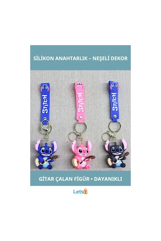 Eğlenceli Stitch Silikon Anahtarlık Gitar Çalan Figürlü Çok Renkli