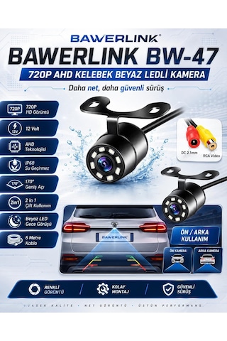 Bawerlink Bw-47 720p Ahd Kelebek Araç Geri Görüş Kamerası Beyaz Ledli Ip68 Su Geçirmez 170 Geniş Açı