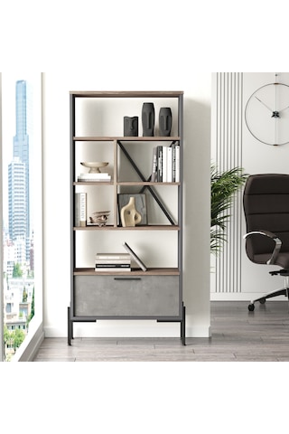 Robinhome Robin Home Berlin D Ofis Kitaplık Metal Ayaklı Kahve-Beton-Antras