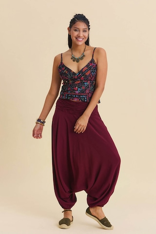 Drape Detay Beli Lastikli Şalvar Pantolon Bordo