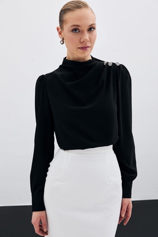 Sateen Düğmeleri Taş Detaylı Bluz - Siyah