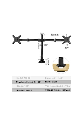 Dailytech Masaüstü Ayarlanabilir 14-32” Çift Kol Monitör Tutucu
