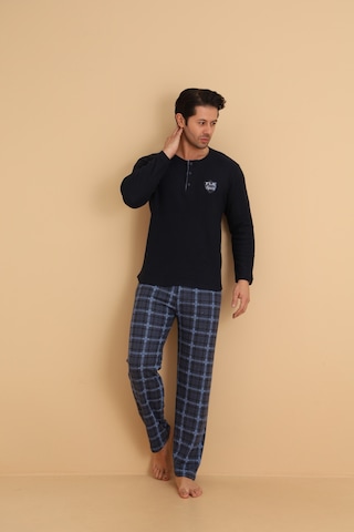 Flkn 7015 İnterlok Kışlık Ekose Pijamalı Erkek Pijama Takımı Lacivert