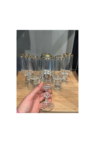 6 Lı 180 Cc Kristal Kahve Yanı Su Bardağı Ağız Altın Seffaf