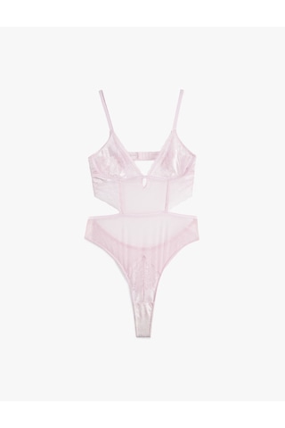 Koton Dantel Detaylı Rahat Kalıp V Yaka Tül Askılı Bodysuit Pembe 6slk00001mk Gül