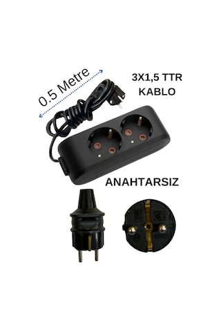 Avarson 2'li İkili Priz Topraklı Kablolu Siyah 3x1,5 Ttr 0,5 Yarım Metre