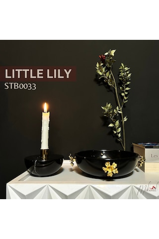 Şık Siyah Mermer Mumluk Ve Kase Seti Altın Detaylı Lüks Ev Deko