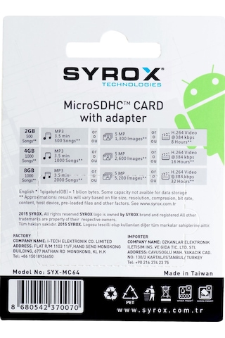Syrox MC64 64 GB Micro SD Card Class 10 Hafıza Kartı Ve Adaptörü