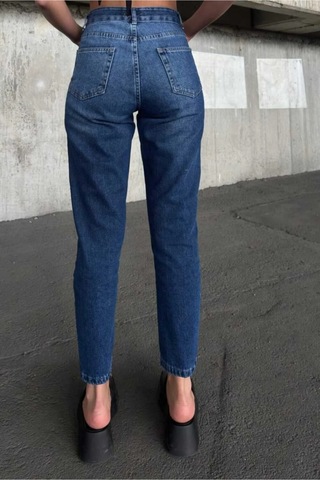 Kene Jeans Yüksek Bel Tam Kalıp Laci İşlemli Lazer Yırtık Mom Jeans Lacivert İşlemli