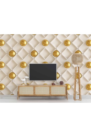 3 Boyutlu Altın Küre Beyaz Kare Desen Duvar Kağıdı Baskı 1 M²
