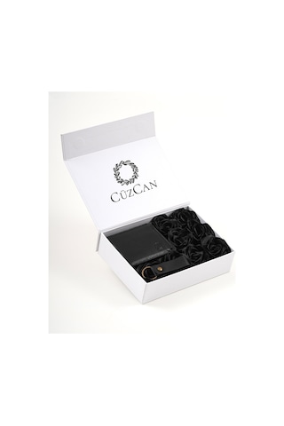 Premium Gift Rose Box - M.utd Siyah Hakiki Deri Cüzdan - Kartlık - Anahtarlık Ve Siyah Gül Kutusu Siyah