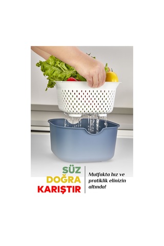 9'lu Mutfak Hazırlık Seti - Yatay Standlı Kulplu Kesme Tahtası Karıştırma Kabı Süzgeç Limon Sıkacağı Mavi