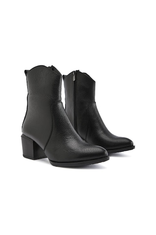 Hakiki Deri Siyah Renk Fermuarlı Kalın Topuk Sivri Burun Kadın Bot Siyah