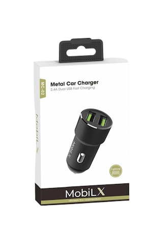 Mobilx Mc-02 2.4a Çift Usb Portlu Metal Araç Şarj Cihazı Type-c Ve Lightning Kablo Uyumlu Siyah